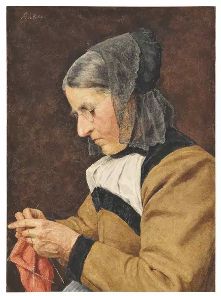 Albert Anker — Strickende Bäuerin in der Berner Alltagstracht — Galerie Kornfeld