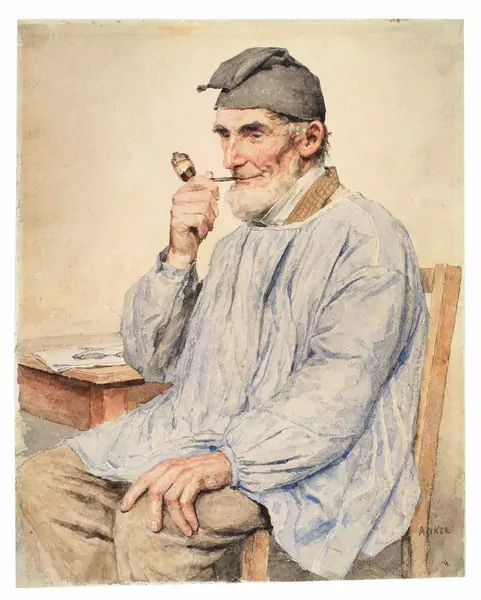 Albert Anker — Sitzender Bauer mit Pfeife — Galerie Kornfeld