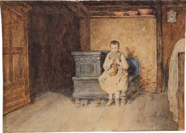 Albert Anker — Strickendes Mädchen auf Ofenbank in einer Bauernstube — Galerie Kornfeld