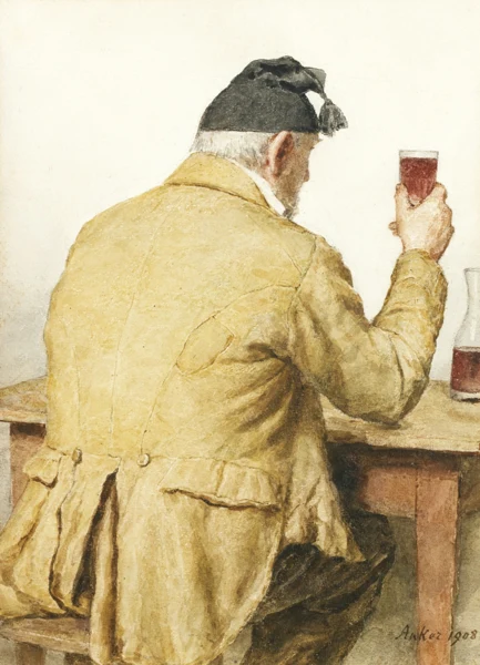 Albert Anker — BAUER AM TISCH SITZEND, RÜCKENANSICHT, 1908OLD MAN SITTING AT TABLE, SHOWN FROM BEHIND, 1908