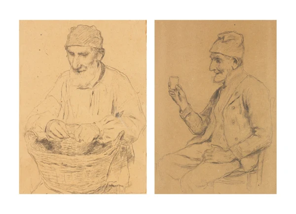 Albert Anker — Sitzender Mann mit KorbAlter Mann beim Trinken