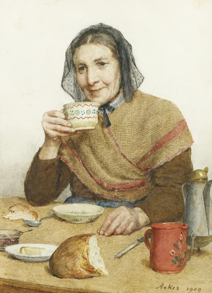 Albert Anker — SITZENDE BÄUERIN MIT TASSE IN DER HAND, 1909SITTING PEASANT WOMAN HOLDING A CUP IN HER HAND, 1909