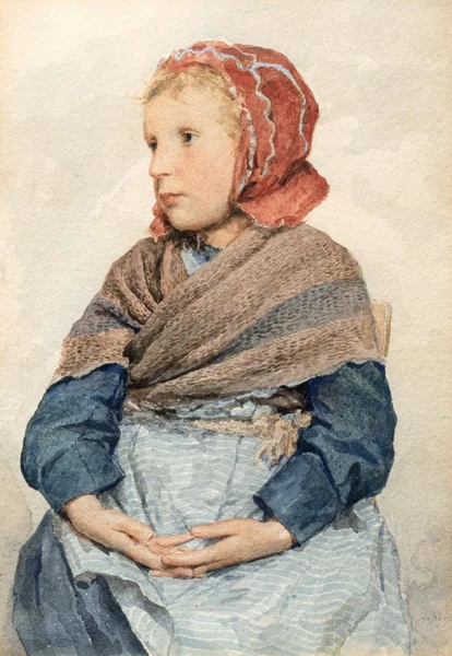Albert Anker — Sitzendes Bauernmädchen mit roter Kopfhaube