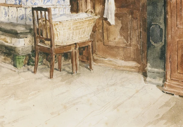 Albert Anker — STUBENECKE MIT WÄSCHEKORBLIVING ROOM CORNER WITH LAUNDRY BASKET
