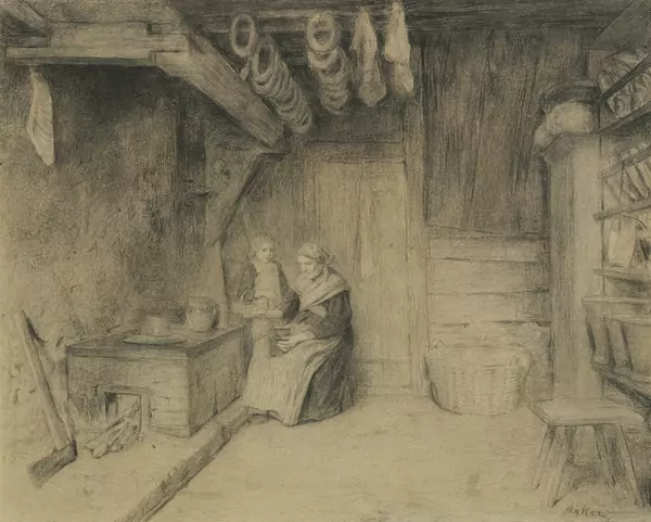 Albert Anker — Kücheninterieur mit Grossmutter und Kind