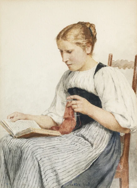 Albert Anker — Strickendes Mädchen beim Lesen, 1907