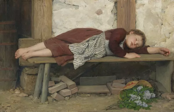 Albert Anker — SCHLAFENDES MÄDCHEN AUF EINER HOLZBANKSLEEPING GIRL ON A WOODEN BENCH