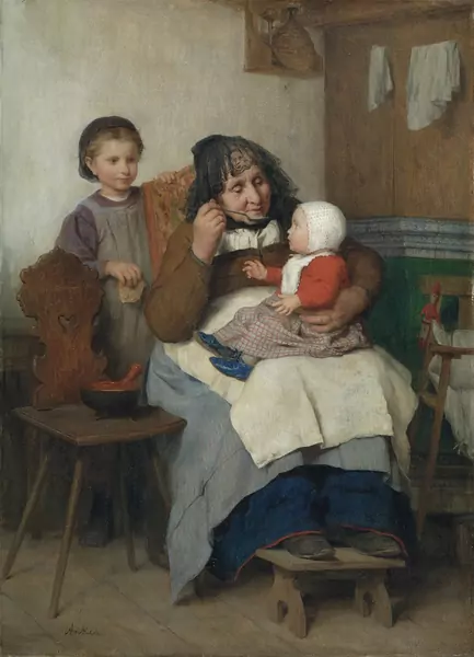 Albert Anker — GROSSMUTTER, IHREM ENKELKIND DIE SUPPE GEBEND, 1868GRANDMOTHER SPOONING THE SOUP TO HER GRANDCHILD, 1868