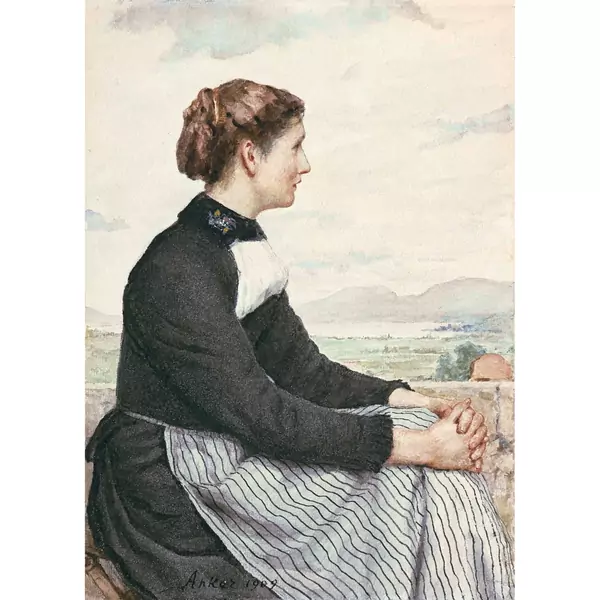 Albert Anker — SITZENDES BAUERNMÄDCHEN (IM HINTERGRUND DER NEUENBURGERSEE), 1909 SITTING FARMERS GIRL (LAKE NEUCHÂTEL IN THE BACKGROUND ), 1909