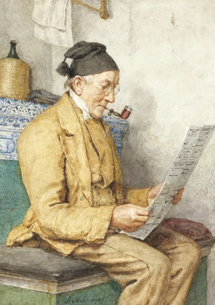 Albert Anker — LESENDER BAUER AUF DEM OFENTRITT, 1907READING FARMER SITTING BY THE TILED STOVE, 1907