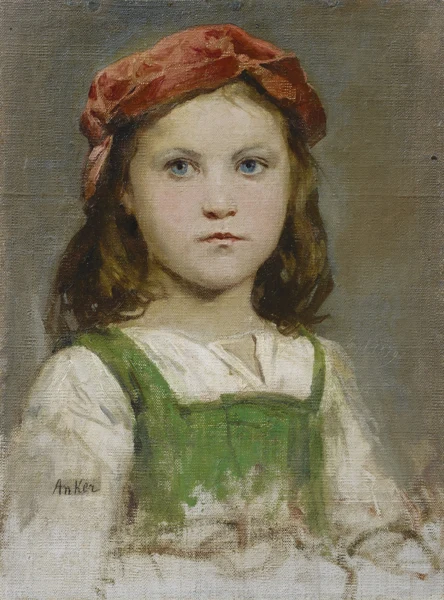 Albert Anker — Mädchenbildnis mit roter Kopfbedeckung, 1879