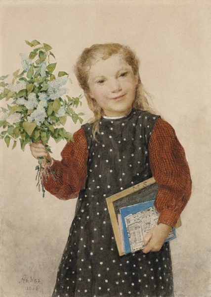 Albert Anker — Mädchen mit Blumenstrauss, 1906