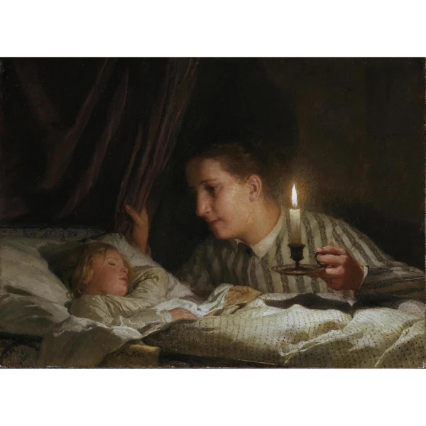 Albert Anker — JUNGE MUTTER, BEI KERZENLICHT IHR SCHLAFENDES KIND BETRACHTEND YOUNG MOTHER WATCHING HER SLEEPING CHILD BY THE CANDLELIGHT
