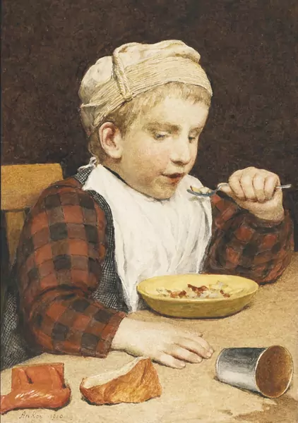 Albert Anker — Knabe mit Mütze beim Essen, 1910