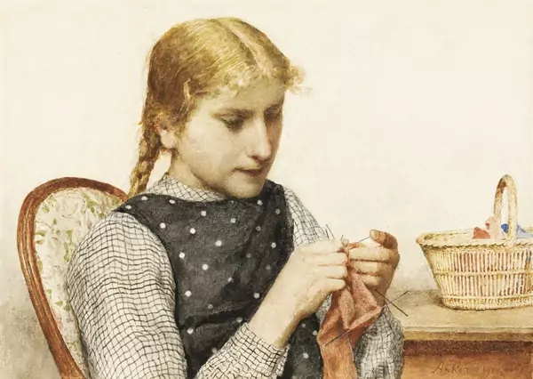 Albert Anker — STRICKENDES MÄDCHEN, 1910KNITTING GIRL, 1910
