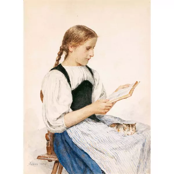 Albert Anker — LESENDES MÄDCHEN MIT KÄTZCHEN, 1904 READING GIRL WITH KITTEN, 1904