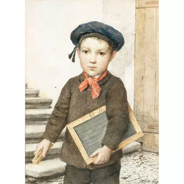 Albert Anker — SCHULKNABE MIT SCHIEFERTAFEL, 1909 SCHOOLBOY WITH SLATE, 1909