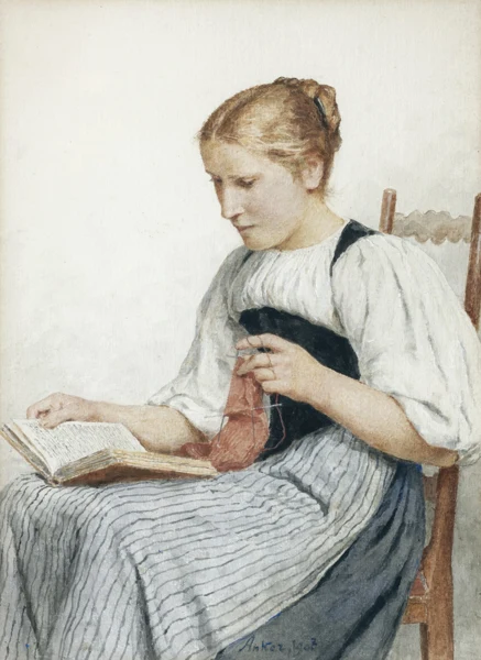 Albert Anker — STRICKENDES MÄDCHEN BEIM LESEN, 1907KNITTING GIRL READING, 1907