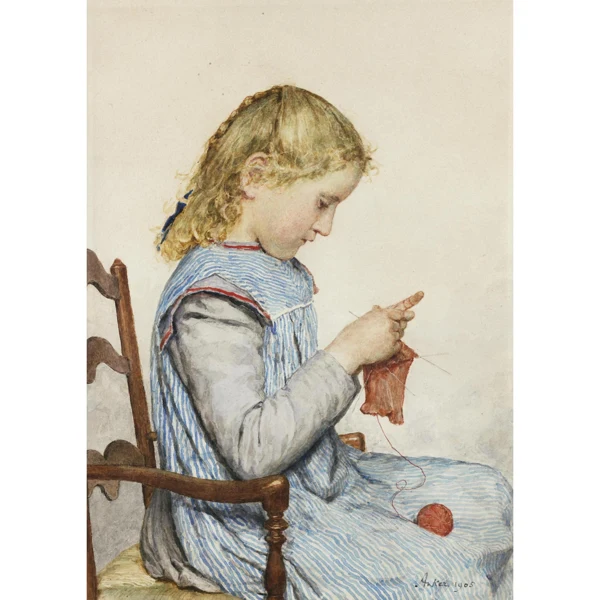 Albert Anker — STRICKENDES MÄDCHEN, 1905 GIRL KNITTING, 1905