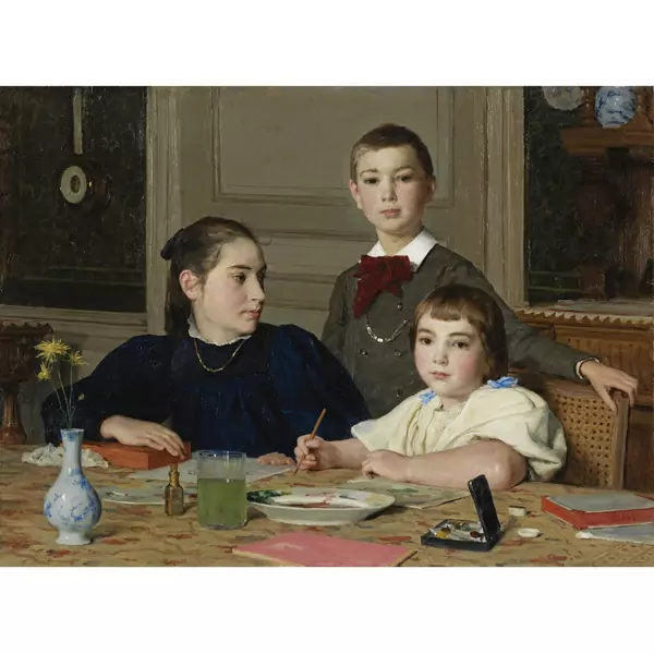 Albert Anker — DIE GESCHWISTER ZAESLINTHE ZAESLIN SIBLINGSÖl auf LeinwandUnten rechts signiert54,5 x 73,5 cm Gemalt 1896.