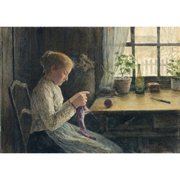 Albert Anker — STRICKENDES MÄDCHEN AM FENSTERKNITTING GIRL BY THE WINDOW