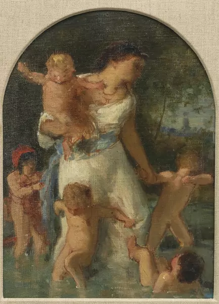 Albert Anker — Frau mit fünf Kindern in einer Furt