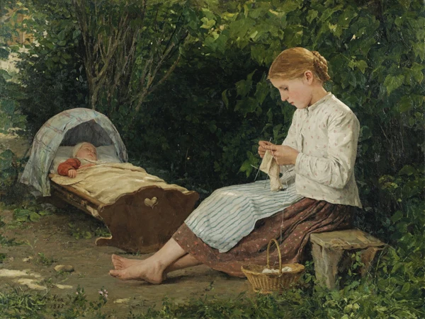 Albert Anker — STRICKENDES MÄDCHEN, KLEINKIND IN DER WIEGE HÜTEND, 1885KNITTING GIRL WATCHING THE TODDLER IN A CRADDLE, 1885