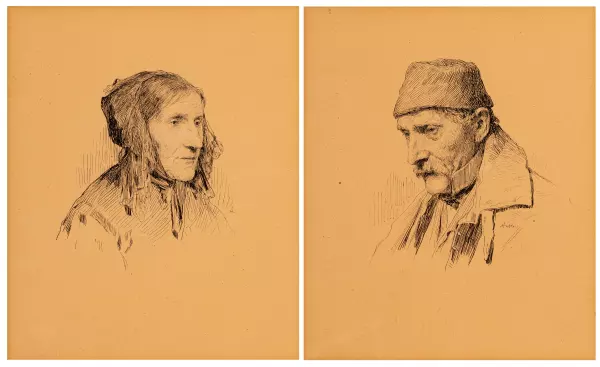 Zwei Portraits, ein alter Bauer und seine Frau