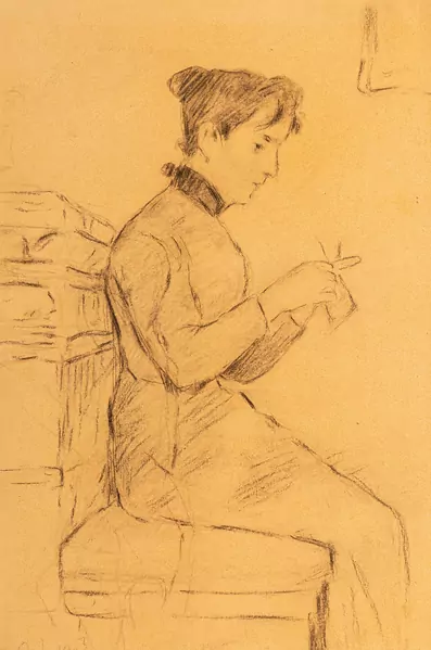 Strickende Frau auf Ofenbank. 1903