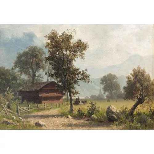Albert Bierstadt — Sommerliche Landschaft mit Bauernhaus.