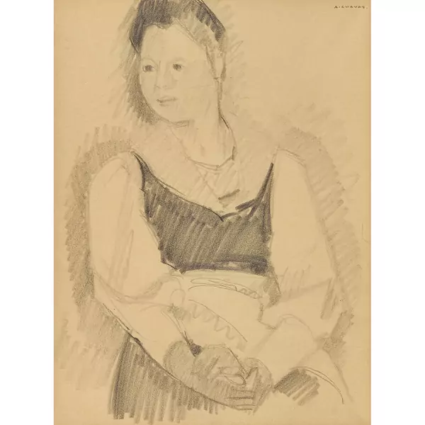 Sitzende Frau in Tracht
