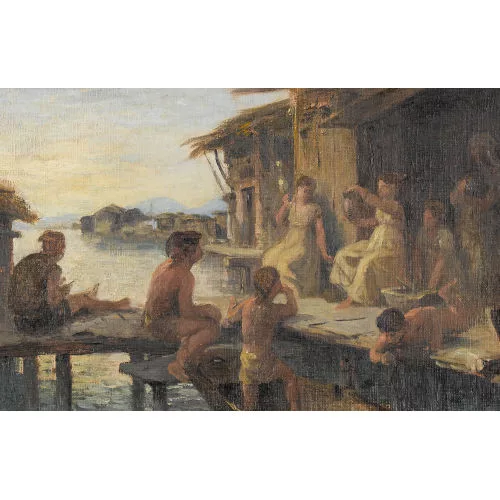 Albert de Meuron — Pfahlbauten mit Kindern und Erwachsenen.