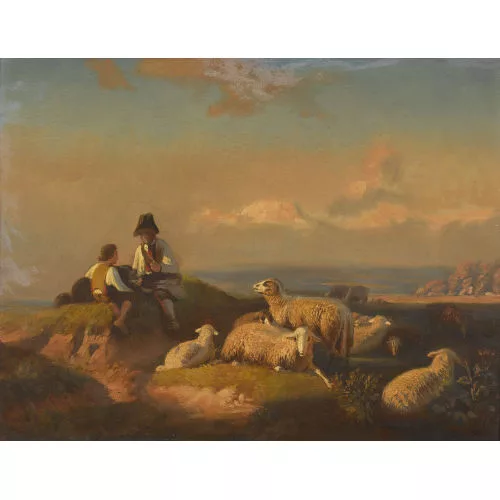 Albert de Meuron — Schäfer mit seiner Herde in der Abenddämmerung.