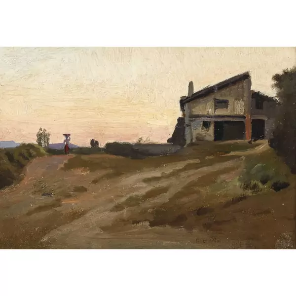 Abendliche Landschaft mit Bauernhof