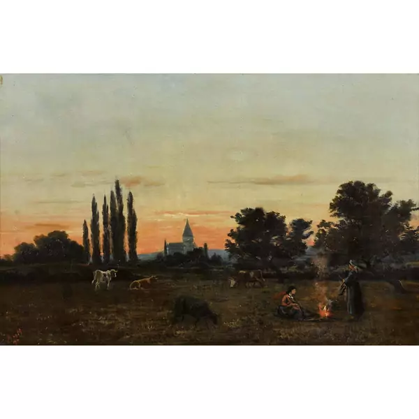 Landschaft im Abendrot mit Bäuerinnen am Lagerfeuer
