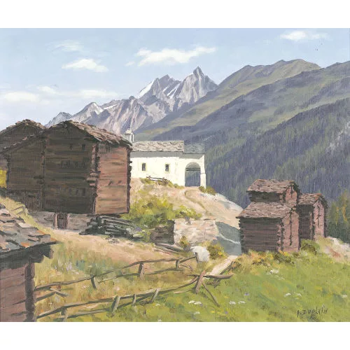 Albert Duplain — Walliser Spycher mit Kapelle im Gebirge.
