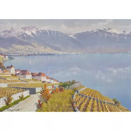 Herbstliche Ansicht des Lavaux bei Rivaz