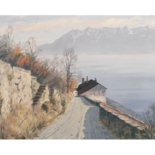 Albert Duplain — Winzerhaus und Rebweg im Lavaux mit Genfersee.