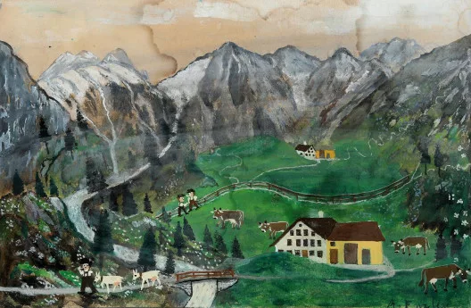 Albert Enzler — Alpfahrt mit Appenzeller Panorama, rückseitig weite Alplandschaft