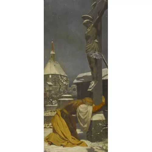 Albert Freytag — Nächtliche Winterszene mit junger Frau vor einem Kreuz.