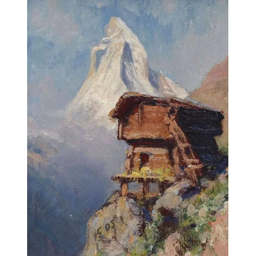 Albert Gos — Walliser Stadel vor Matterhornkulisse.
