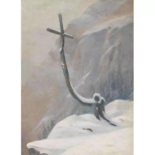 Albert Gos — Verschneite Berglandschaft mit Wegkreuz.