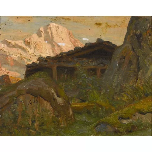 Albert Gos — Hütte mit Bergpanorama.