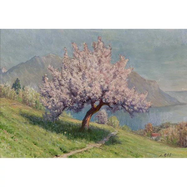 Albert Gos — Seelandschaft mit blühendem Obstbaum.