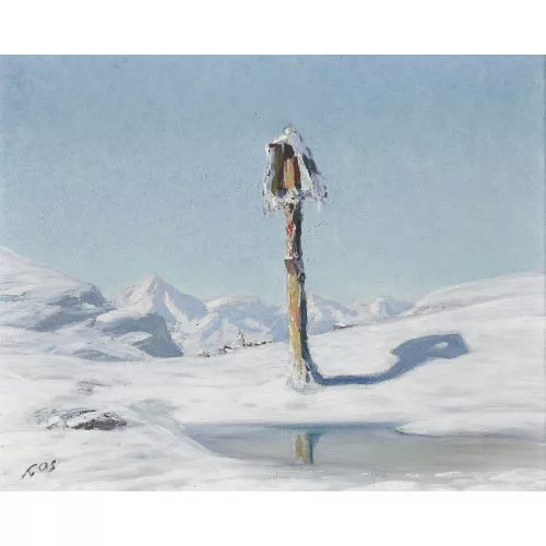 Albert Gos — Verschneite Berglandschaft mit Wegkreuz.
