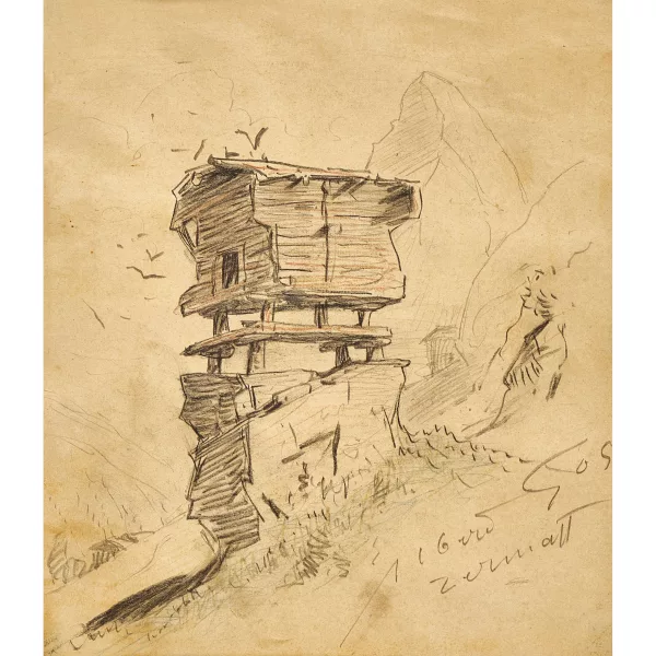 Albert Gos — Walserhaus mit Matterhorn.