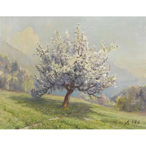 Albert Gos — Blühender Apfelbaum oberhalb eines Sees.