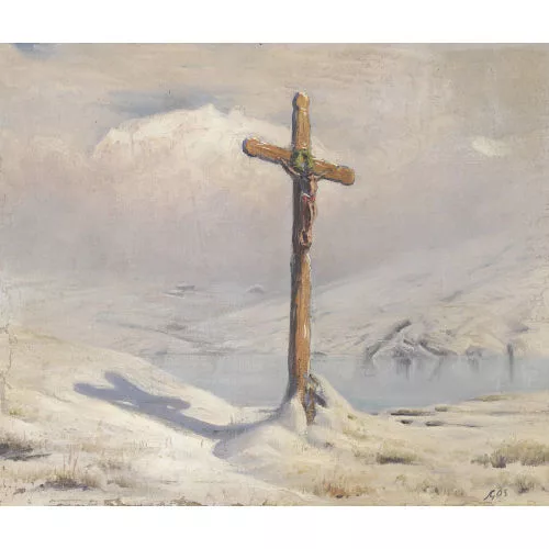 Albert Gos — Winterlandschaft mit Wegkreuz.