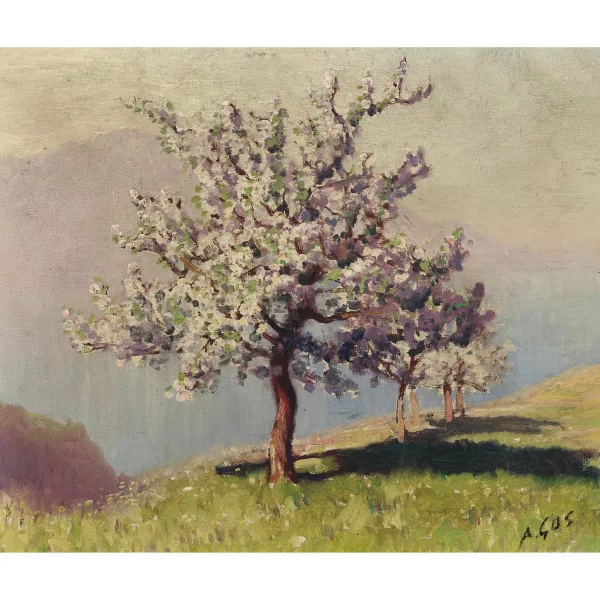 Albert Gos — Blühende Obstbäume auf einer Anhöhe.