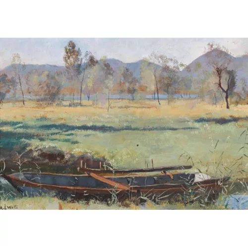 Albert Jakob Welti — Uferlandschaft mit Ruderboot.